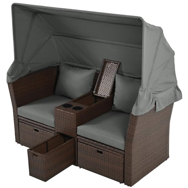 Zeus & Ruta Brown Wicker Outdoor Loveseat Day Bed with Foldable Awning and Gray Cushions for Garden, Balcony, Poolside