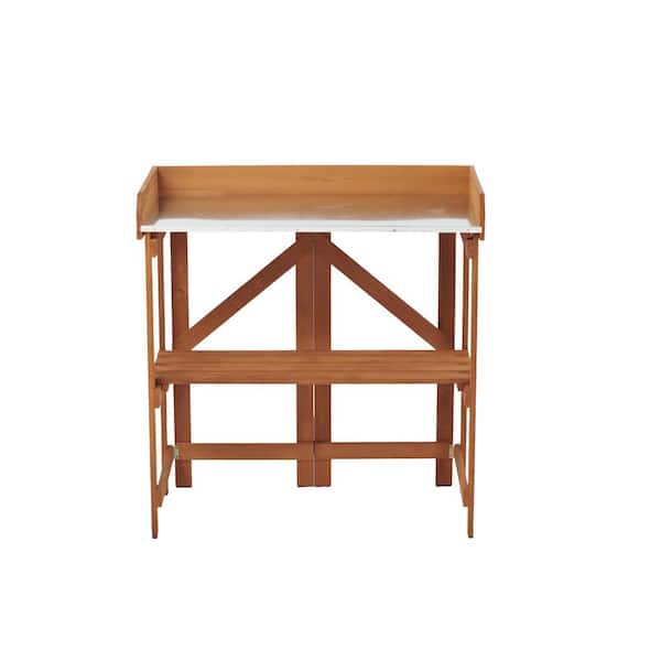 ECOCHIC SPACES INC 33.5 in. W x 35 in. H Brown Wood Folding Outdoor Potting Bench, Foldable Garden WorkBench Station with Shelves
