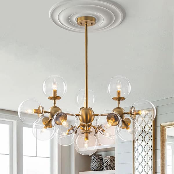 34.6 in. 13-Light Brushed Gold Vintage Sputnik Cluster Chandelier with Clear Glass Shades