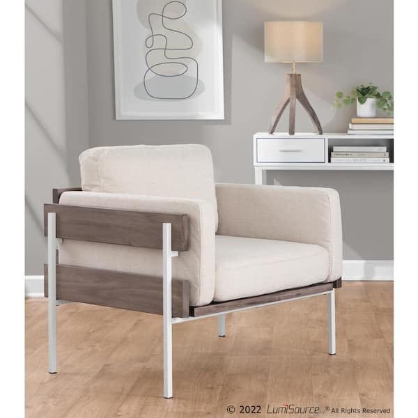 Kari Cream Fabric Grey Wood and White Metal Arm Chair