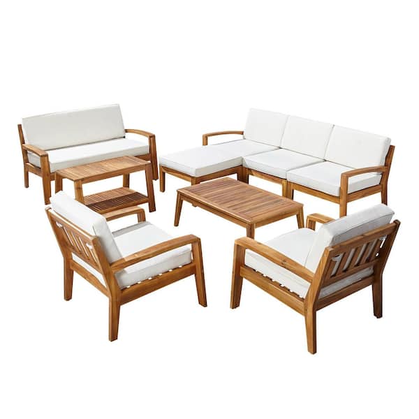 Noble House Grenada Teak Brown 9-Piece Wood Outdoor Patio Conversation Sectional Seating Set with Beige Cushions