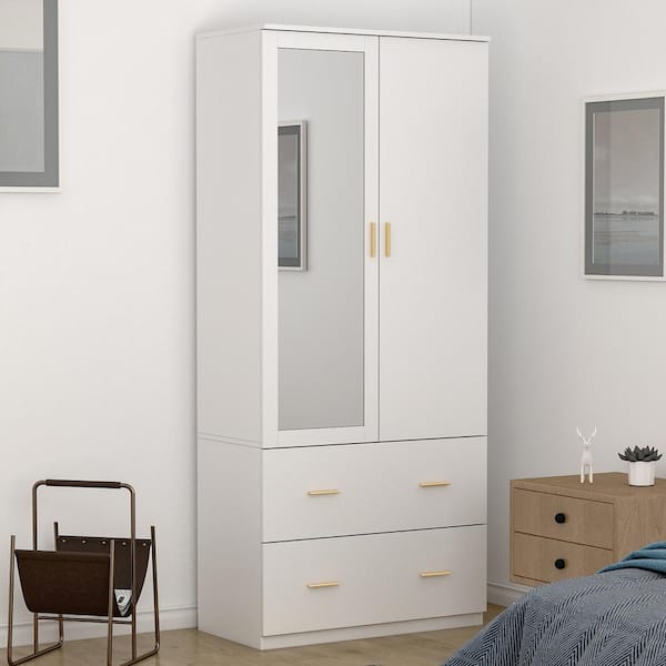 White Bedroom Armoire with 2-Drawers and 5-Shelves 31.5 in. L x 16.4 in. W x 72.0 in. H