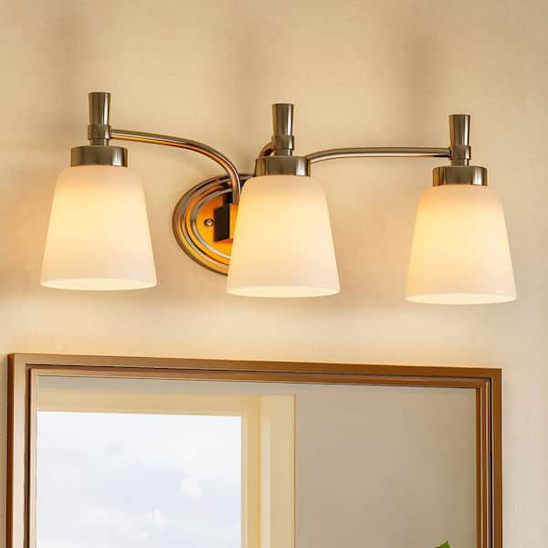 21.7 in. 3-Light Brushed Nickel Bathroom Vanity Light with White Frosted Glass Shade, No Bulbs Included