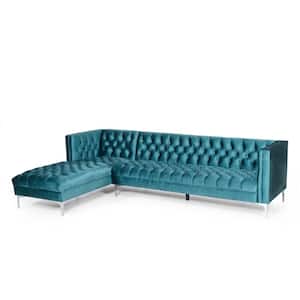 Conneaut 114 in. Square Arm 2-Piece Blue Polyester L-Shape Chaise Sectional in Silver