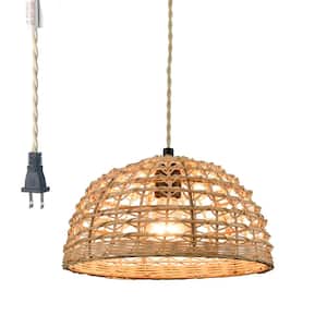 60 Watt 1 Light Yellow Finished Shaded Pendant Light with Rattan Shade and No Bulbs Included