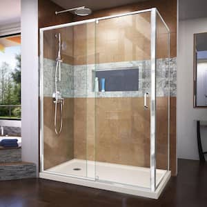 Flex 60 in. W x 36 in. D x 74.75 in. Framed Pivot Shower Enclosure in Chrome with Left Drain Biscuit Acrylic Base Kit