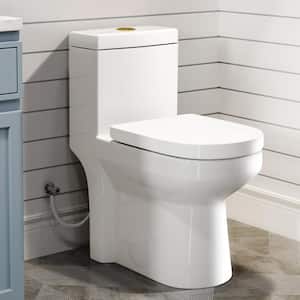 1-Piece 1.1/1.6 GPF Dual Flush Compact Round Toilet in White, Seat Included, with Brushed Gold Button