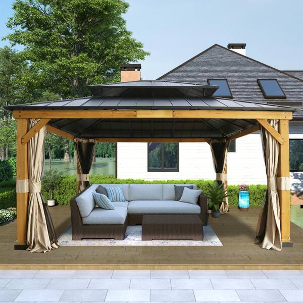 LAUREL CANYON 15 ft. x 13 ft. Cedar Wood Frame 2-Tier Double Roof Metal ...