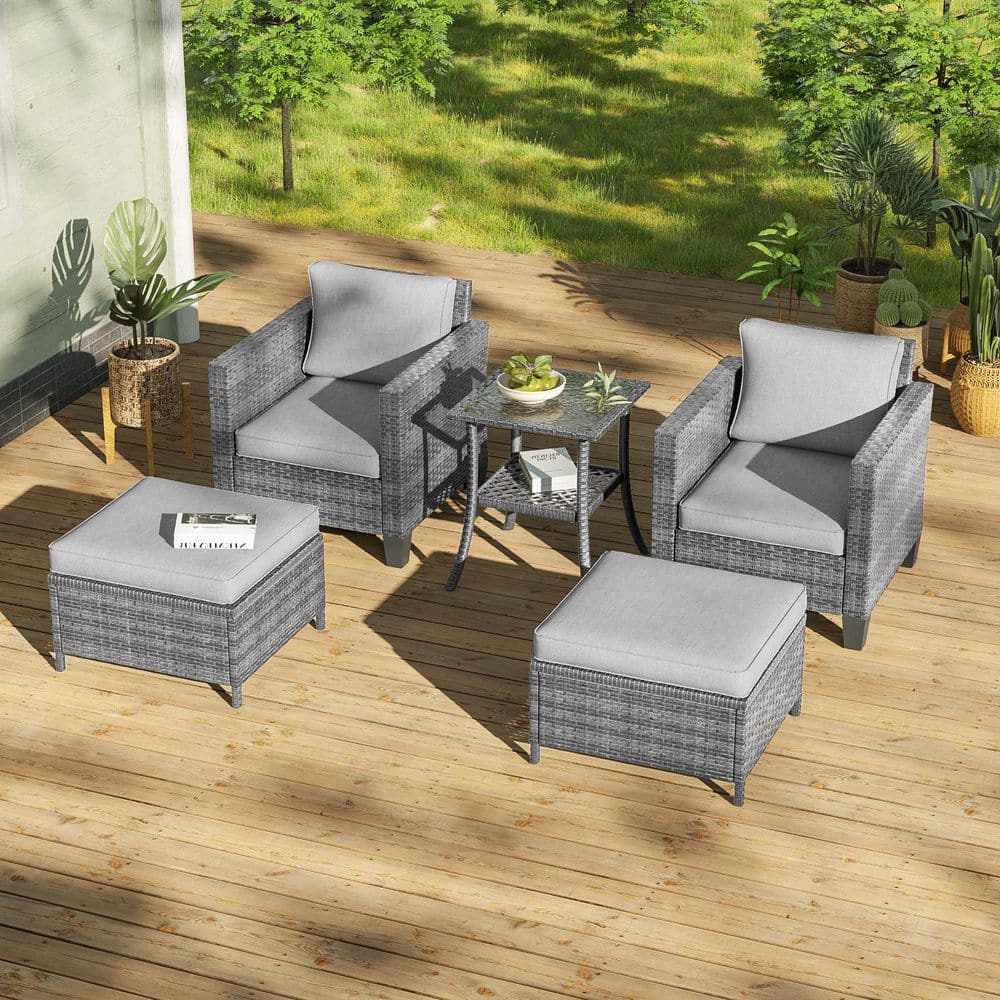 5-Pieces Patio Conversation Set with Side Table, Outdoor Armchair and Ottomans Gray Wicker with Linen Gray Cushions price history on PriceWatchPro