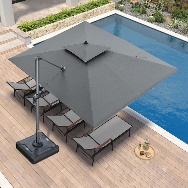 9 ft. x 12 ft. Sunbrella Double Top Aluminum 360° Rotation Cantilever Patio Umbrella in Cast Slate, with Base