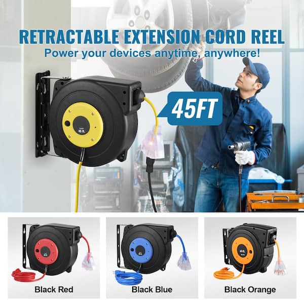 45 ft., 12 Gauge / 3 Conductors, 15 Amps Retractable Extension Cord Reel with 3-Outlets. Heavy Duty 12AWG/3C SJTOW Cord