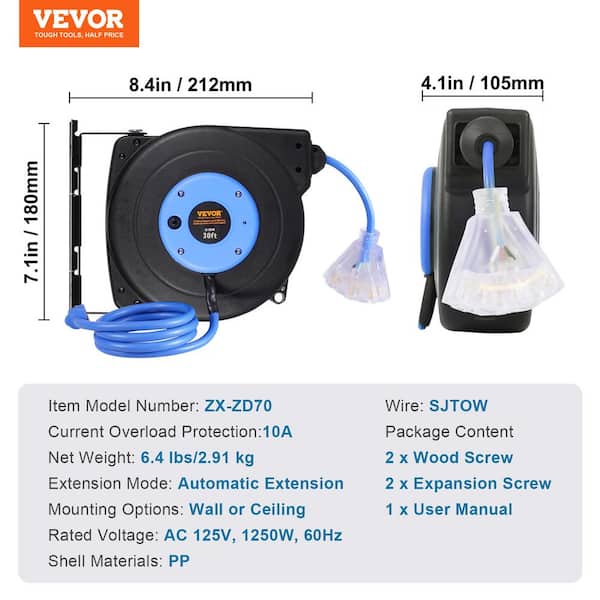 VEVOR 30 ft. 16/3 SJTOW 10Amp Retractable Extension Cord