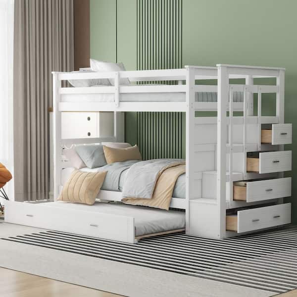 Polibi White Twin Over Twin Bunk Bed with Trundle and Staircase
