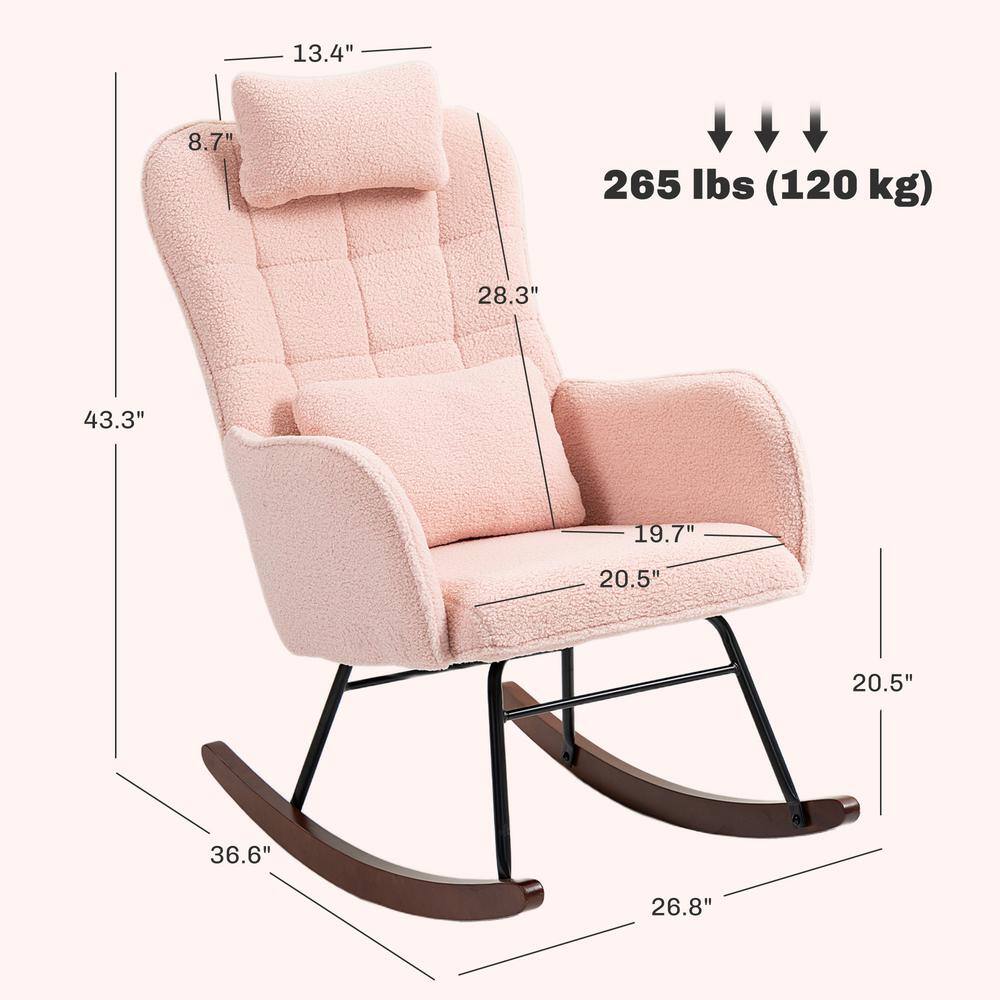 Pink Upholstered High-Back Rocking Chair with Steel Frame and Beech Wood Base