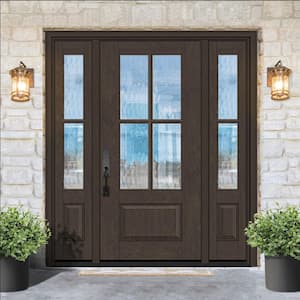 Regency 68 in. x 80 in. 3/4Lite 4SDL Oasis Deco Glass RHIS Prefinish Hickory Fiberglass Prehung Front Door w/2_ 14inSL