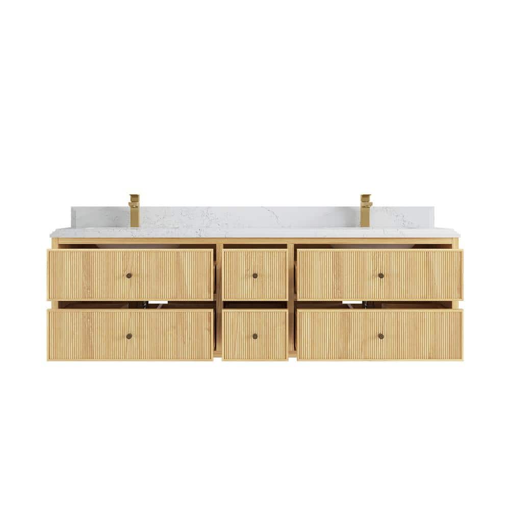 Light Natural Teak Double Sink Freestanding Vanity with Quartz Top
