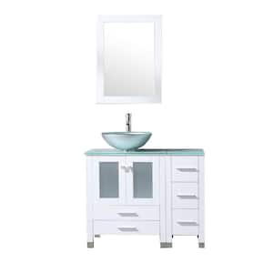 36.4 in. W x 21.7 in. D x 60 in. H Single Sink Bath Vanity in White with Glass Countertop and Silver Sink and Mirror