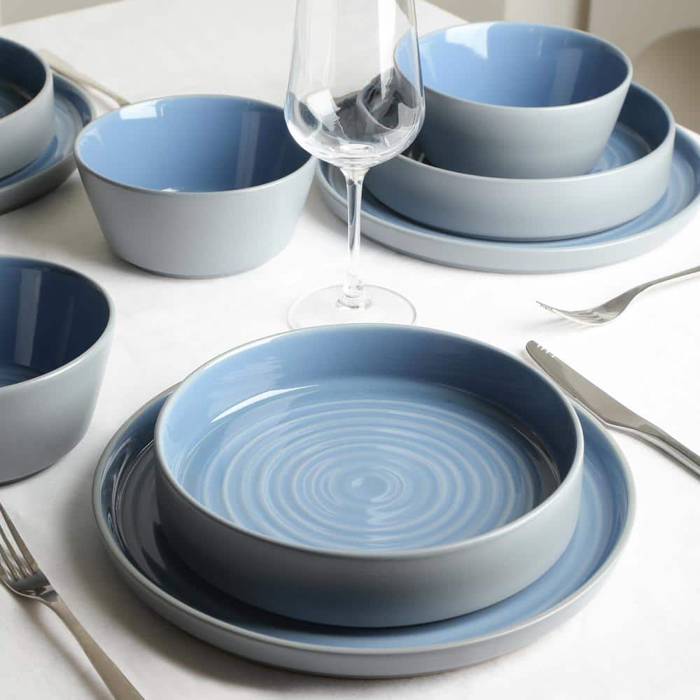 Elica 12-Piece Blue and Grey Ceramic Dinnerware Set