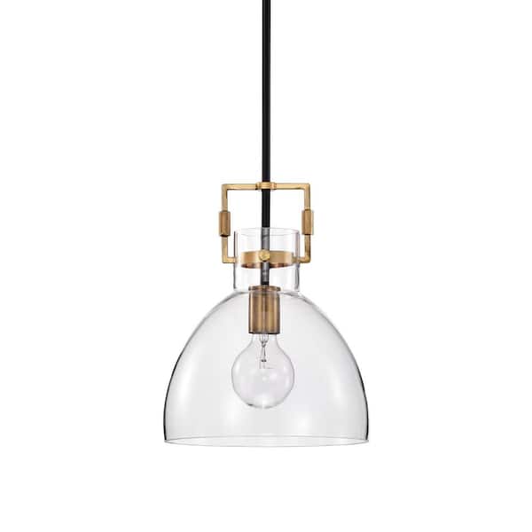 Edvivi Essence 10 in. 1-Light Contemporary Black and Antique Gold Pendant with Bowl Shaped Clear Glass Shade