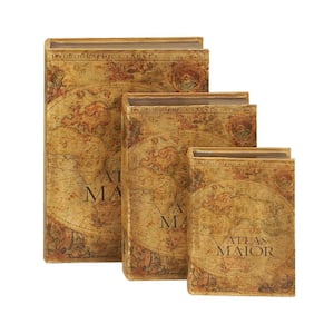 Rectangle Wood Faux Book Box with World Map Cover (Set of 3)