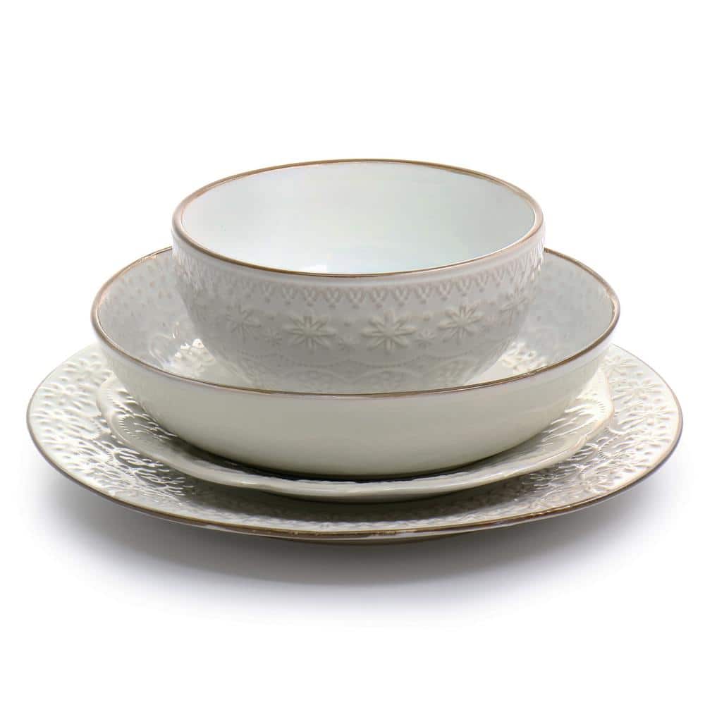 Ivory Embossed Ceramic 16-Piece Dinnerware Set for Four
