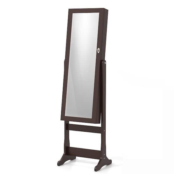 16 in. x 57.5 in. Brown Freestanding Lockable MDF Jewelry Armiore with Full-Length Mirror and LED Lights