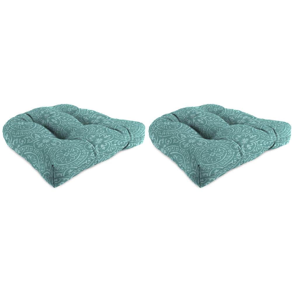 Quasi Zinc Turquoise Geometric Tufted Outdoor Wicker Seat Cushions, 18" x 18" (Set of 2)