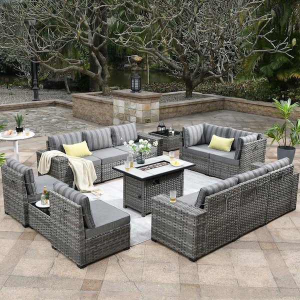 OVIOS Marvel Gray 13-Piece Wicker Wide Arm Patio Fire Pit Conversation ...