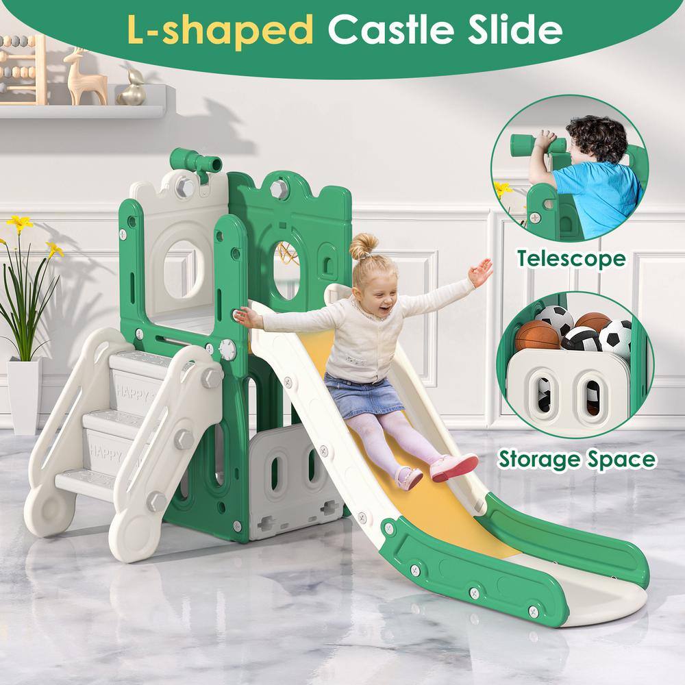 Green and Yellow L-Shaped 7-in-1 Toddler Slide with Basketball Hoop