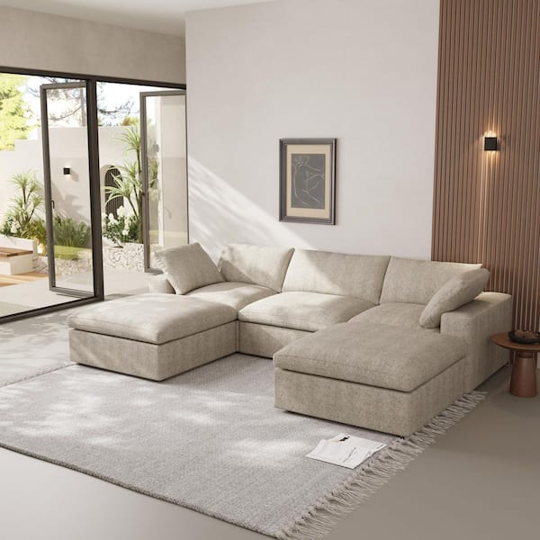 J&E Home 120.45 in. Square Arm 5-piece U Shaped Linen Velvet Sectional Sofa in. Brown with Storage Ottoman and Removable Covers