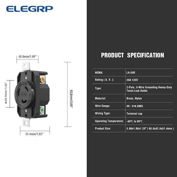 ELEGRP 20 Amp 250-Volt NEMA L6-20R Locking Receptacle Single