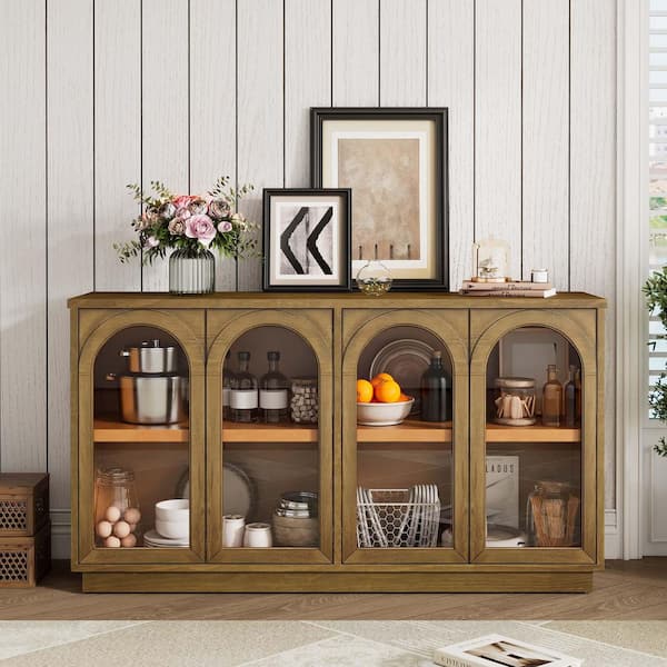 Unbranded Old Pine MDF 57.7 in. Farmhouse Sideboard Large Storage Buffet Cabinet with Adjustable Shelves and Arched Glass Doors