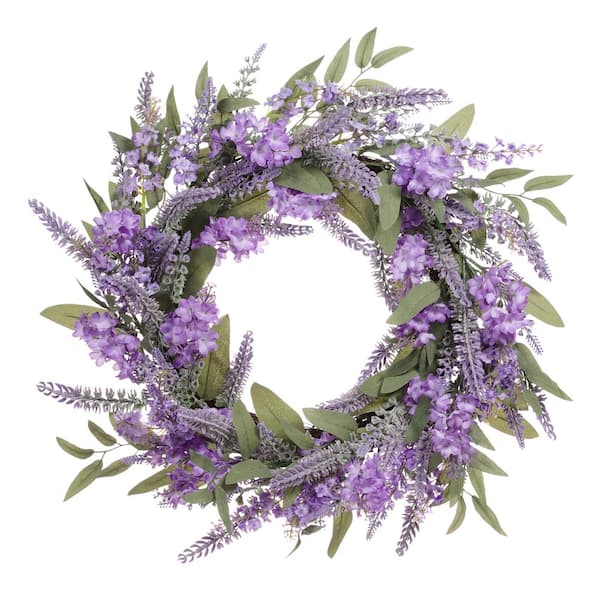Puleo International 24 in. Artificial Lavender Floral Spring Wreath with Green Leaves