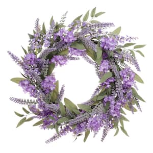 24 in. Artificial Lavender Floral Spring Wreath with Green Leaves