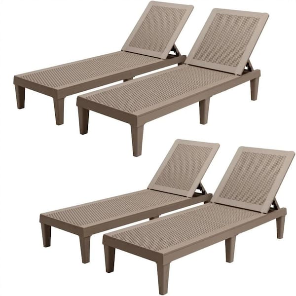 Resin Outdoor Chaise Lounge (Set of 4), Waterproof Quick Assembly Chairs with Adjustable Back, Light Brown