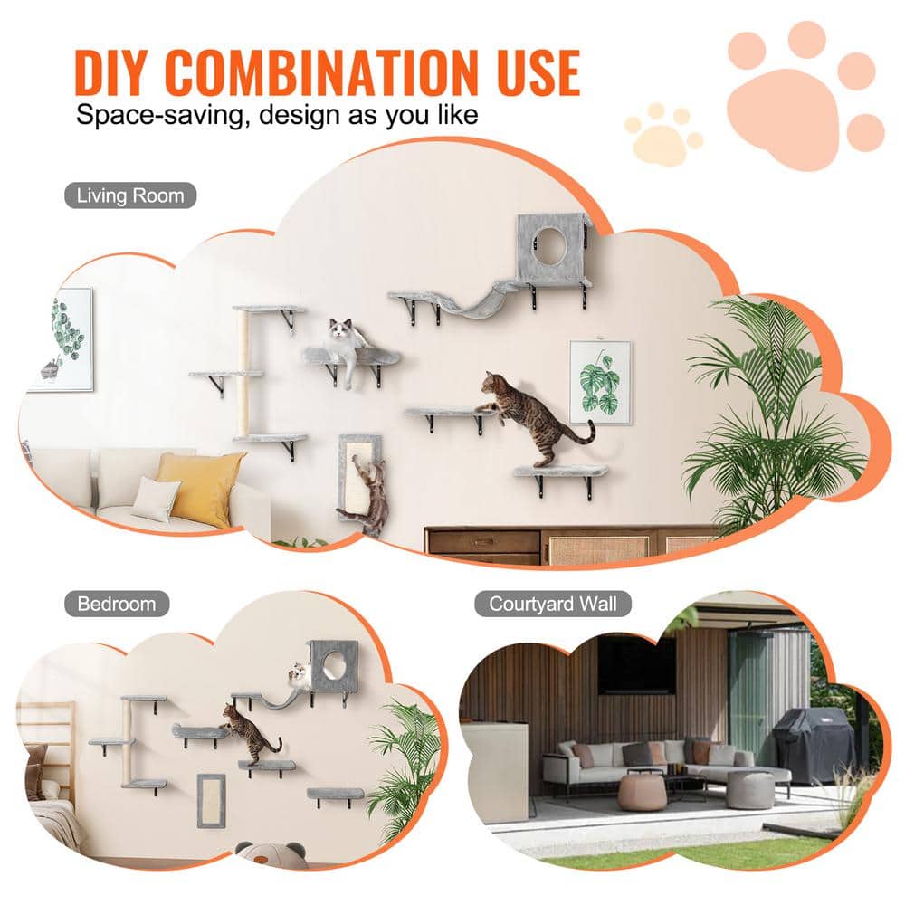 Gray Pine and Metal Wall Mounted Cat Shelves Set