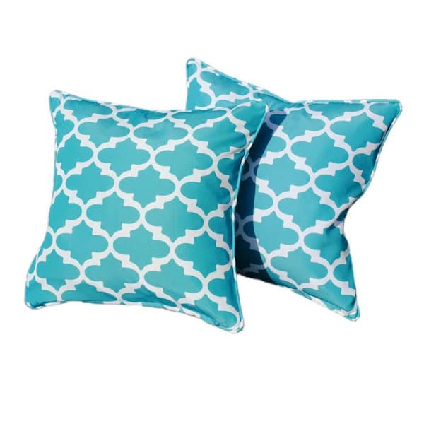 16.54 in. L Teal Geometric Square Outdoor Throw Pillows without Fringe (2-Pack)