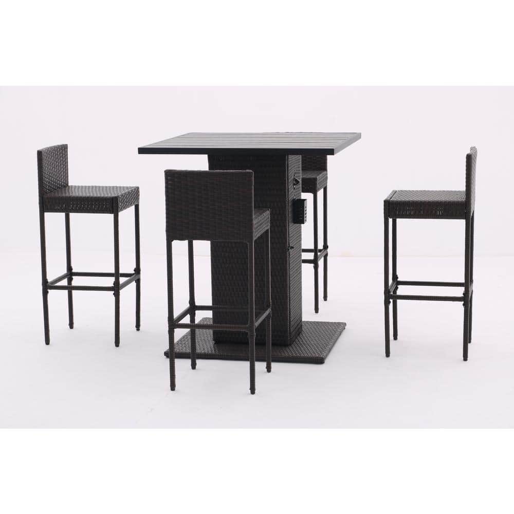 Patio Conversation Set 5-Piece Wicker Outdoor Serving Bar Set with Hidden S