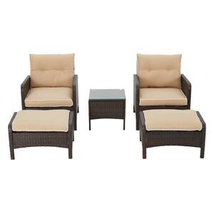 5-Piece Wicker Outdoor Conversation Set Furniture Sectional Sofa Set with Beige Cushions & Stools