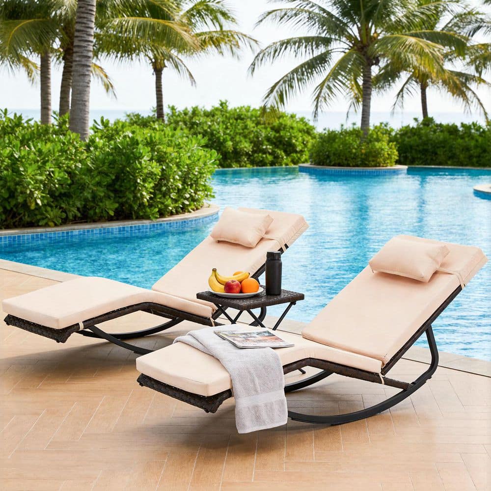 3-Piece Wicker Outdoor Chaise Lounge Patio Recliner Rocking Chair with Khaki Cushion, Folding Table, Adjustable Headrest price history on PriceWatchPro