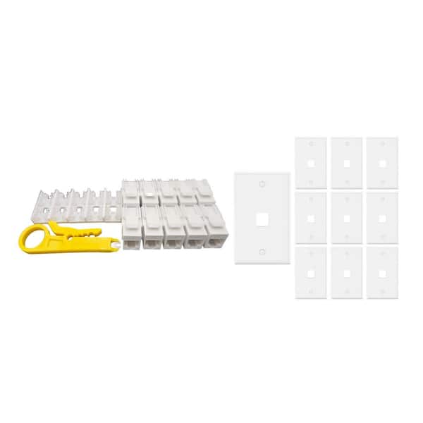 10-Pack 1-Gang White Keystone Plastic Wall Plates 1-Port and 10 Cat 6A RJ45 Keystone Jacks White
