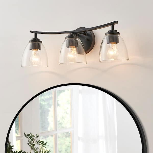 22 in. 3-Light Painted Black Vanity Light with Clear Bell-Shaped Glass Shade