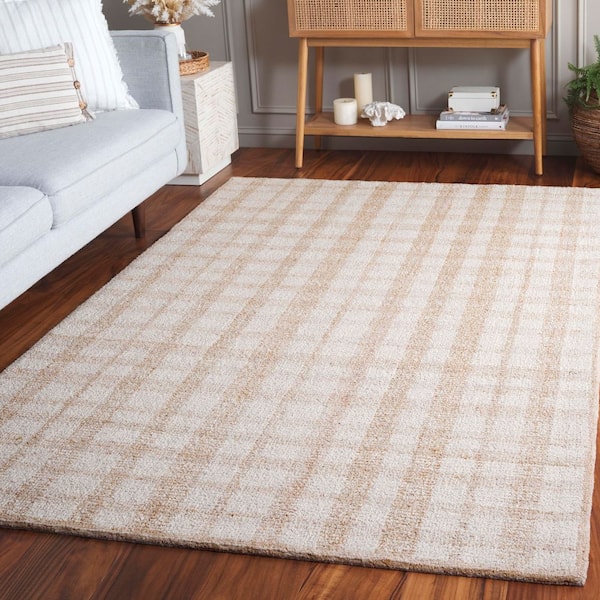 Abstract 6 ft. x 6 ft. Square Ivory/Gold Border Plaid Area Rug