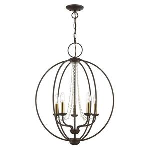 Arabella 5-Light Bronze Globe Chandelier with Antique Brass Candles and Clear Crystals