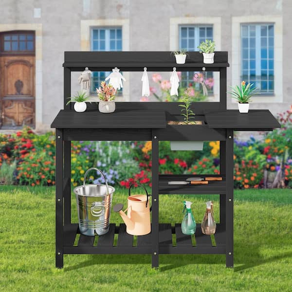 40.94 in. W x 47.24 in. H Black HDPE Weather-Resistant Garden Potting Bench Table with Storage Shelf