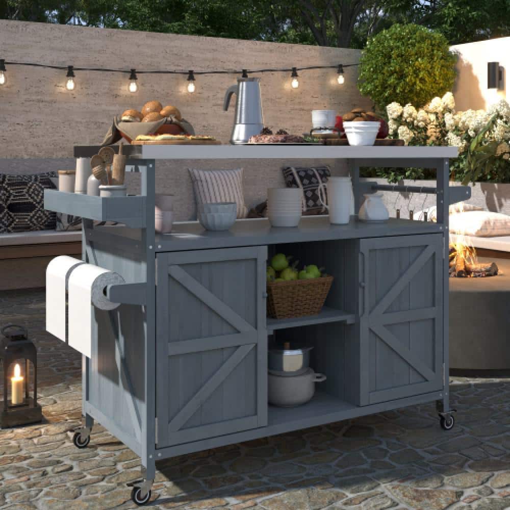 Gray Blue Stainless Steel Top 50.25 in. W Rolling Kitchen Island Outdoor Gr
