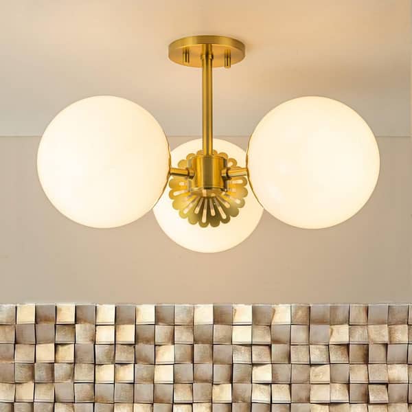 KANADEMONO Gold × Glass Ceiling Light 3 HUOKU Ceder 19.7 in. W 3-Light Aged Brass Modern Sputnik Globe