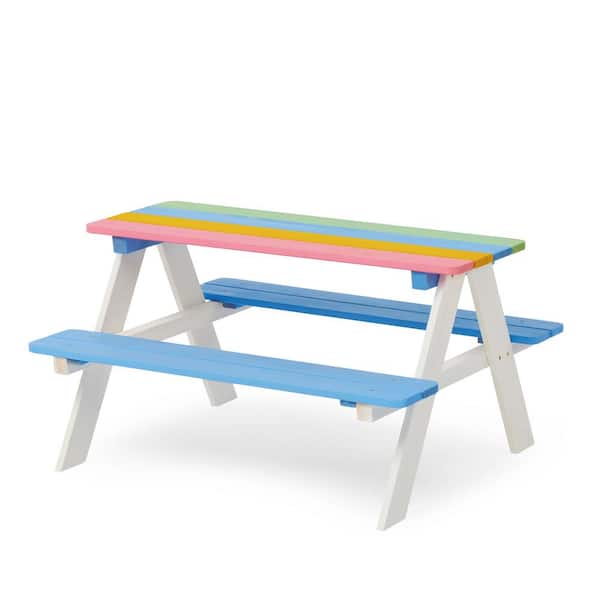 AUTMOON Rainbow Kids Picnic Table for Outdoor, Wooden Table & Chair Set, Kids Activity Sensory Table