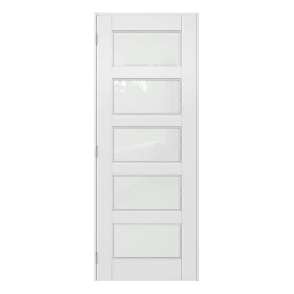 28 in. x 80 in. 5-Lite Frosted Glass Right-Hand White Solid Core Wood Interior Prehung Door Kit with Quick Assemble Jamb