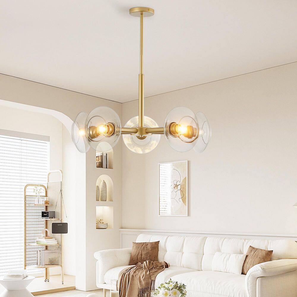 5-Light Gold Chandelier with Glass Shades, Adjustable Height for Dining Room, Living Room (No Bulb Included) price history on PriceWatchPro